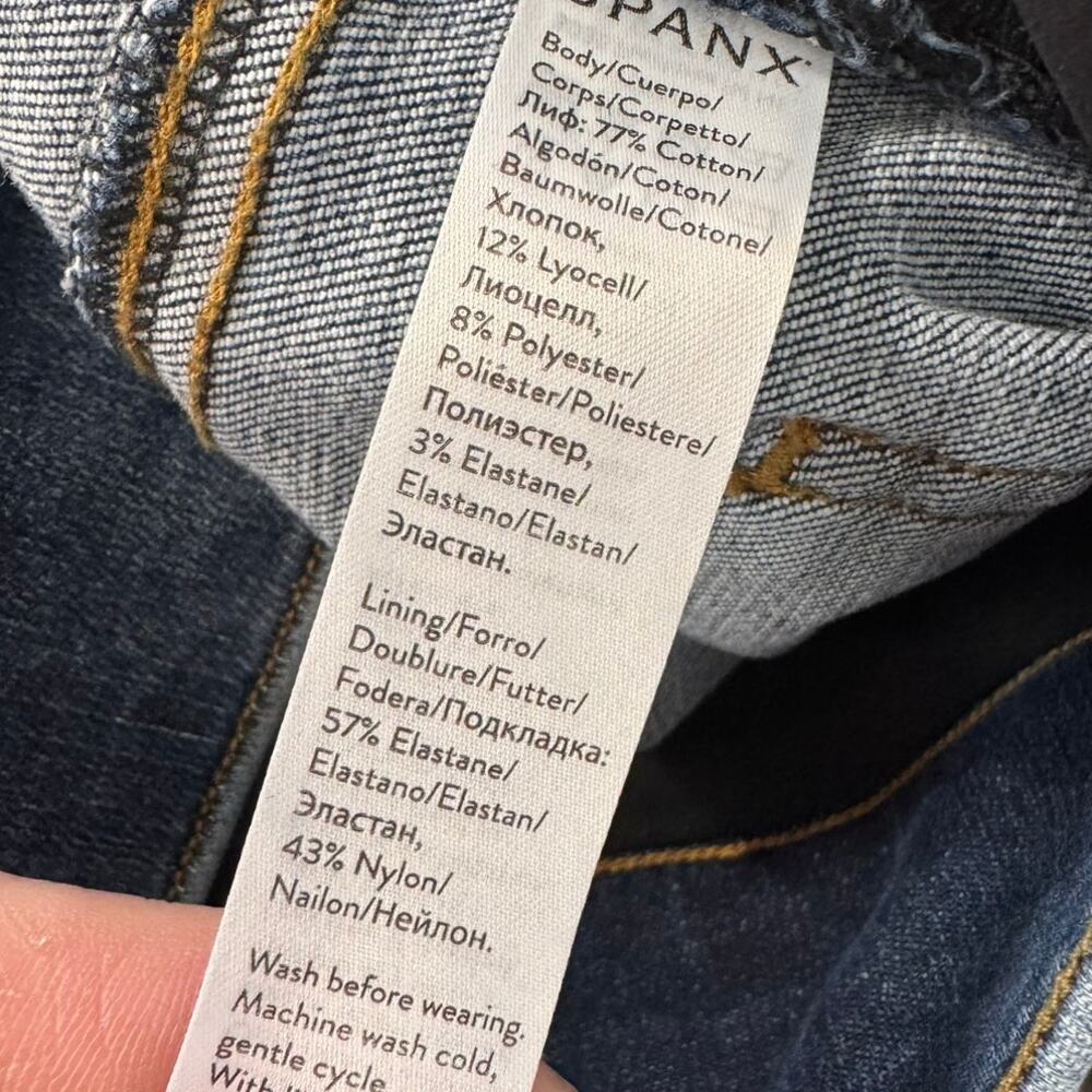 SPANX NEW NWT Large Blue Denim Medium Wash Distressed Skinny Jeans Raw Hem - Picture 10 of 16